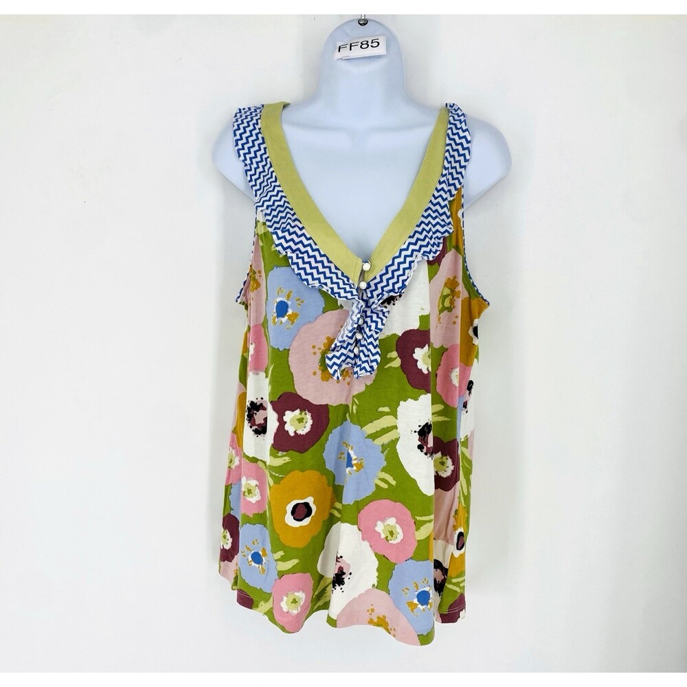 Anthropologie Little Yellow Button Top XL Mod Poppy Floral Print Ruffle Tank